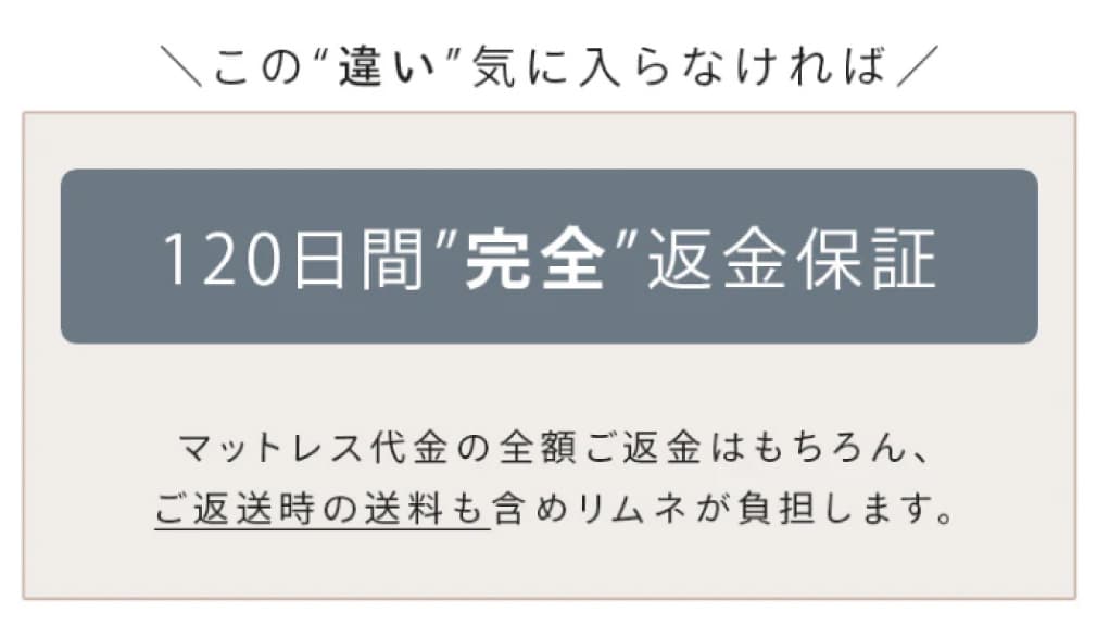 この”違い”気に入らなければ 120日間”完全”返金保証マットレス代金の全額ご返金はもちろん、ご返送時の送料も含めリムネが負担します。