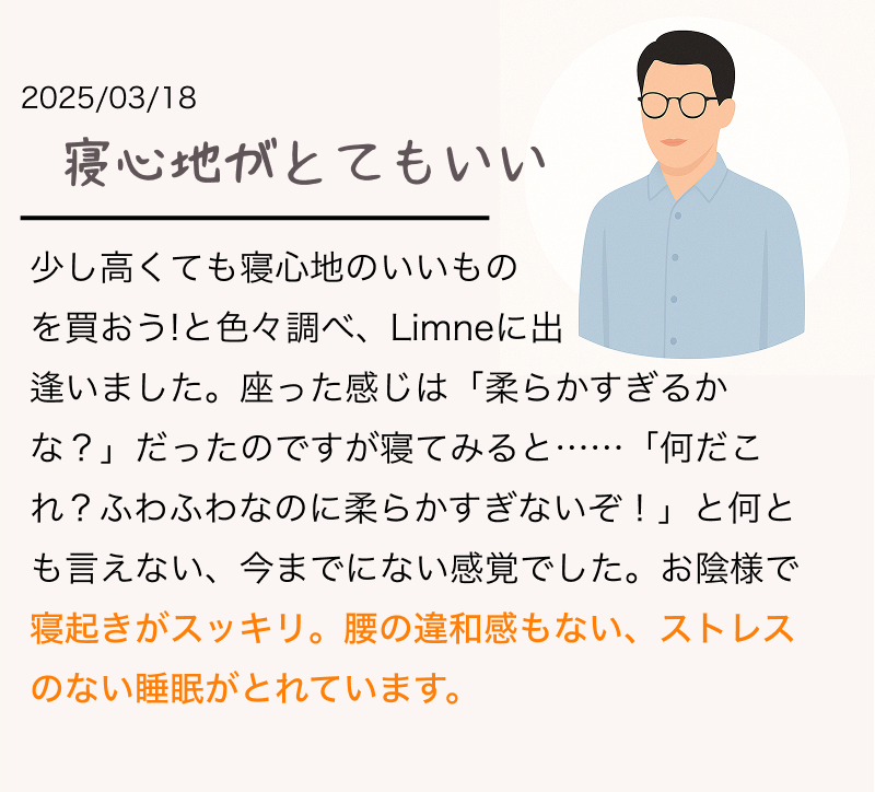 思っていた以上に柔らかくない今まで使用していたマットレスが硬めだったので今回マシュマロみたいな柔らかさに不安がありました。使用してみて思った事は体全体が少し沈み込むくらいで、寝返りは全く問題なかったです。使用して2日目からは起きる時の腰の違和感がなく安心して起き上がれました。